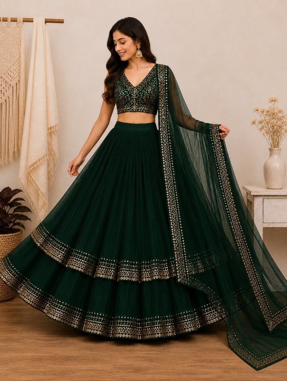 Green Gorgette With Sequined Work Lehenga Choli - Picture 8 of 8